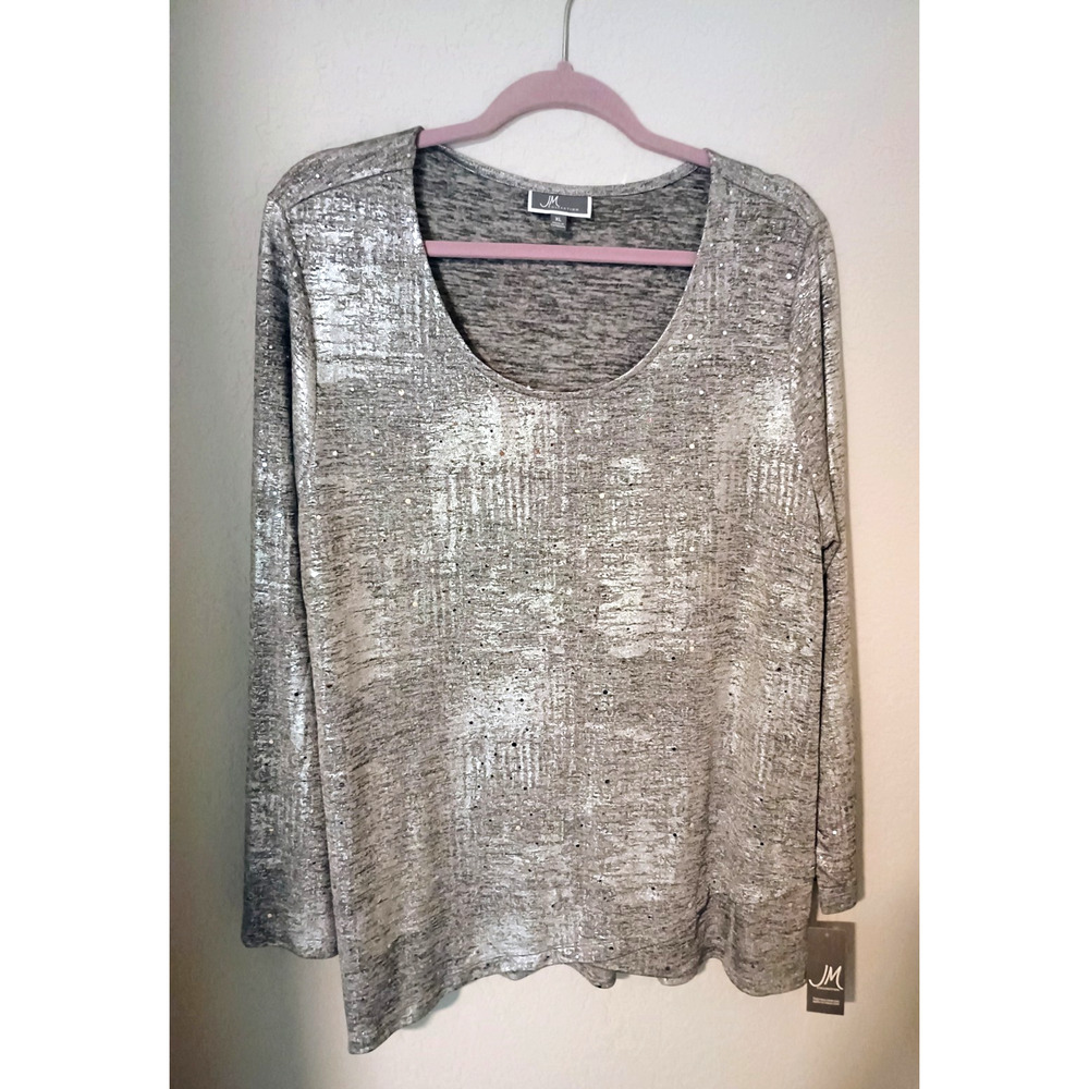JM Collection Silver Sparkle Top Scoop Neck Long Sleeves Poly Stretch XL NWT